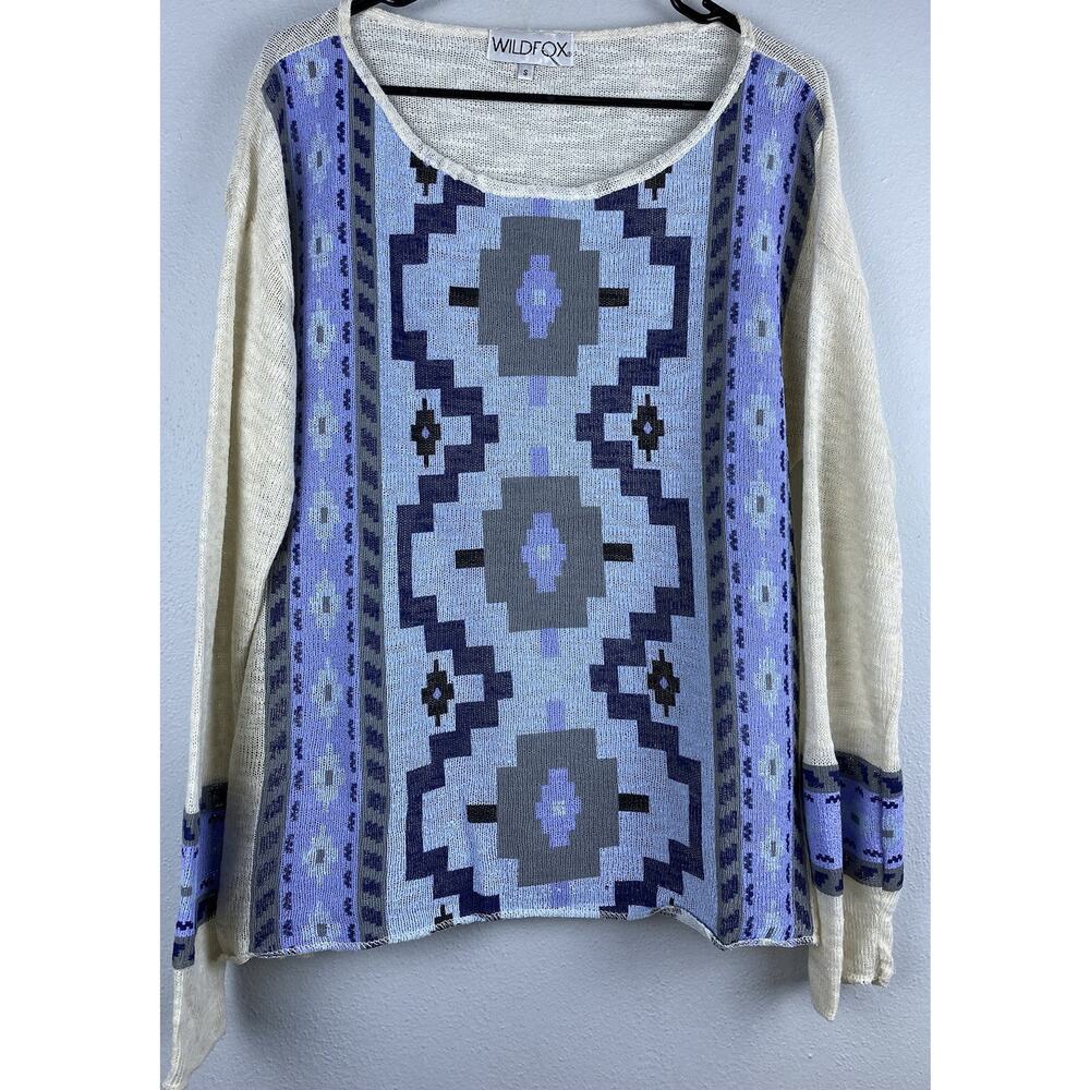 Wildfox Sz S Aztec Geometric Blue Coated Front LS Oversized Sweater USA